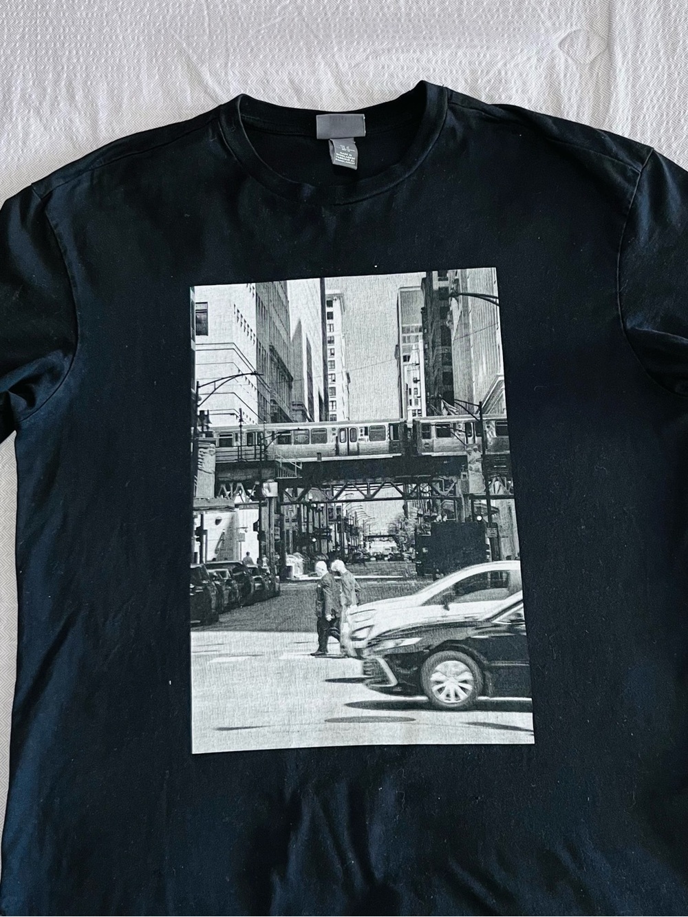 Upcyclcled Men's Black tee with hand stamped black letters with City Photo